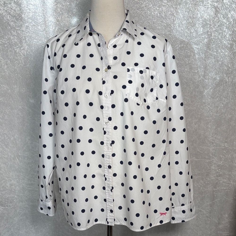 Tyler Boe Ladies White and Navy cotton Polka Dot Button-Up Shirt Size 11/14